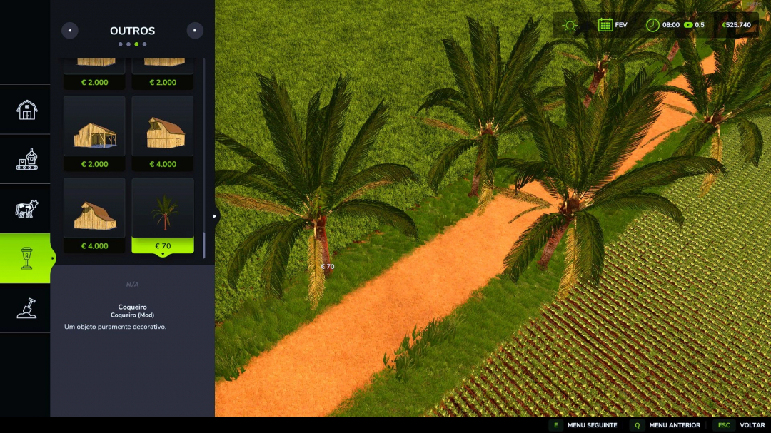 Coconut trees along a path in FS25 mod, Coconut tree v1.1.0.0, with €70 price tag in Farming Simulator 25.