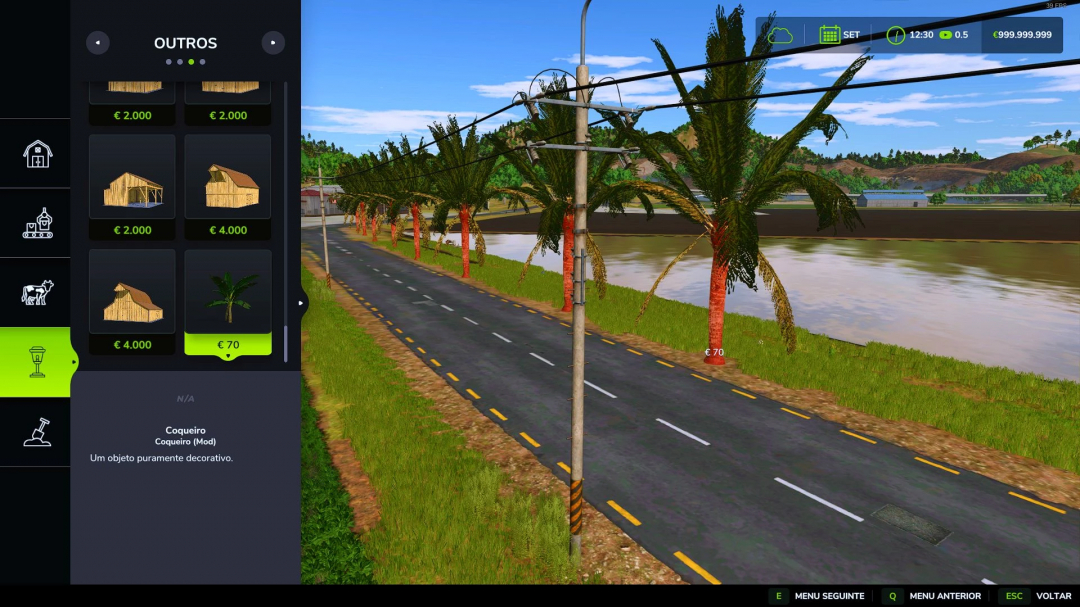 FS25 mods: Coconut tree mod v1.1.0.0 in Farming Simulator 25, featuring decorative trees along a road near a water body.