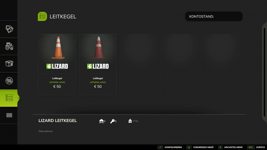 Two traffic cones mod for FS25, by Lizard, displayed with price €50 each.