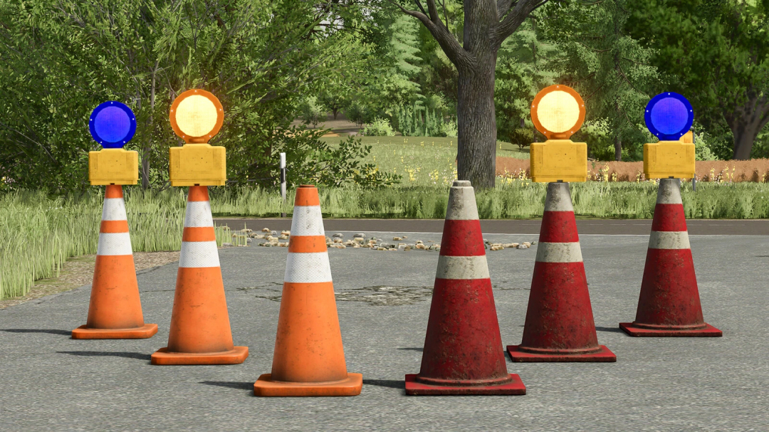 Traffic cones with lights in Farming Simulator 25 mod Cone v1.0.0.0, enhancing road setups in FS25.