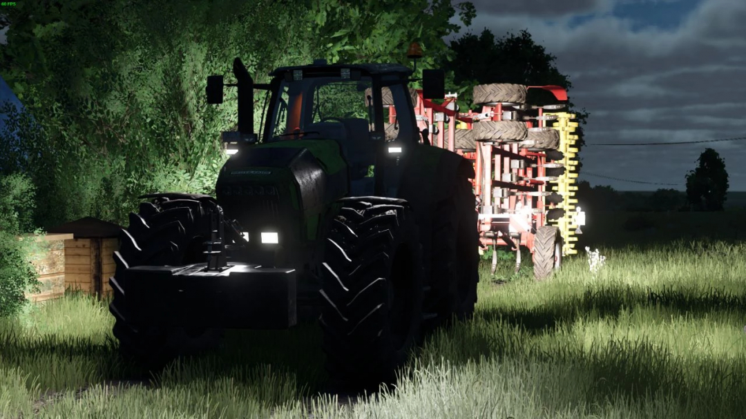 Deutz Agrotron X710-30 tractor mod for Farming Simulator 25 at night with agricultural equipment.