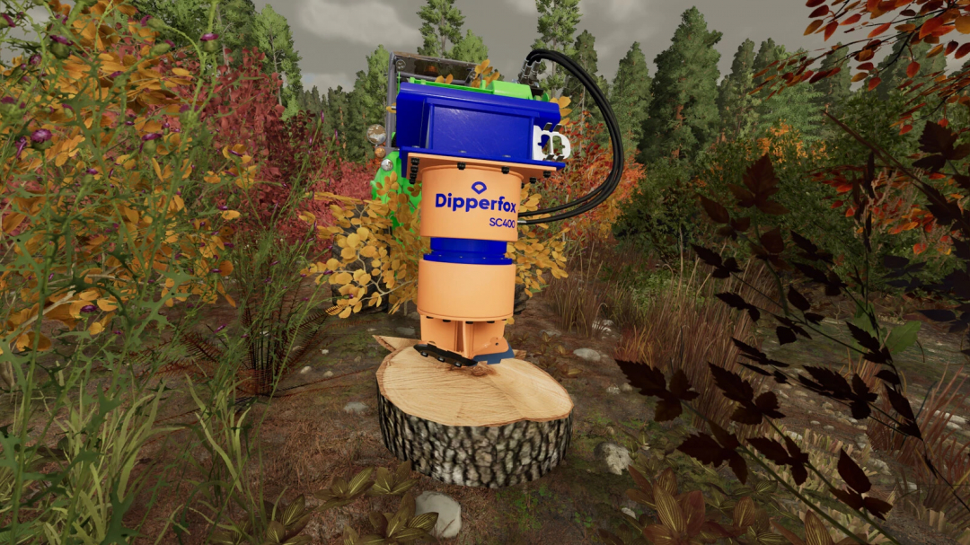 FS22 mod Dipperfox v1.0.0.0, tree stump grinder in forest setting.