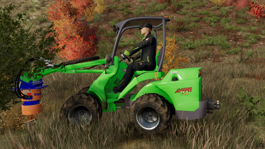 FS22 mod Dipperfox v1.0.0.0 showing a green Avant 750 vehicle with a stump grinder in a grassy field.