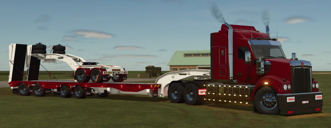 Drake Active Steer Quad mod in FS25 features a red truck with a trailer in a farm setting.