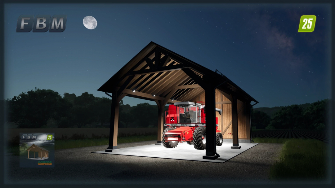 FS25 Eichenhof Trailerport mod displaying a red tractor under a wooden shelter at night.