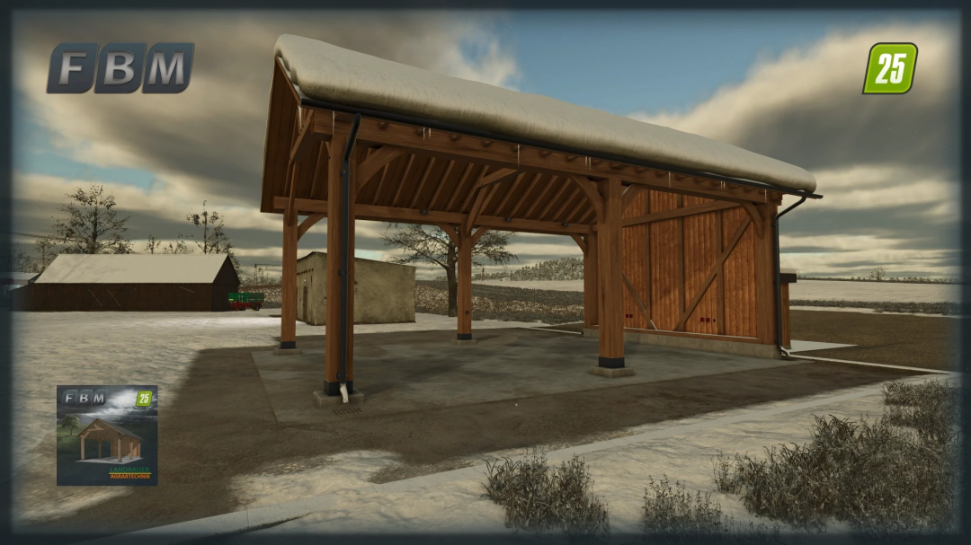 Eichenhof Trailerport mod for FS25, showing a snowy wooden shelter in Farming Simulator 25.