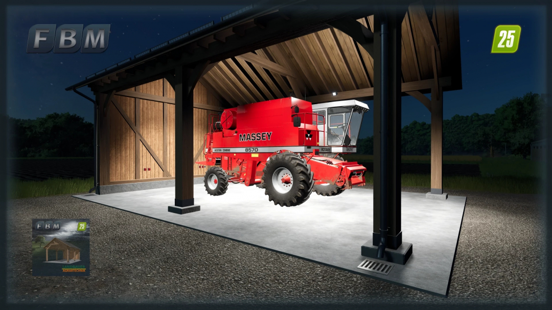 Eichenhof Trailerport mod for FS25 showing a red Massey harvester parked under a wooden shelter at night.