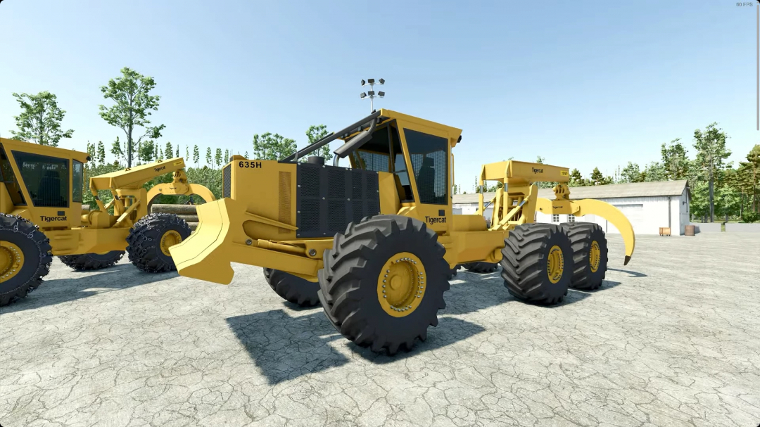 Yellow Tigercat 635H skidder in FS25 FDR Logging mod pack V3.0.0.0, displayed outdoors on textured ground.