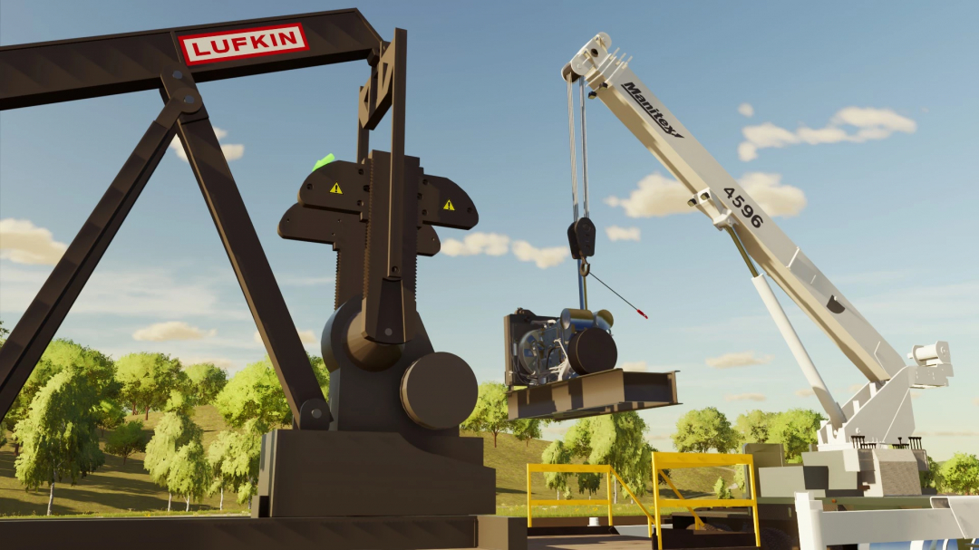 FS22 Buildable Pump Jack mod showcasing oil pump and crane in Farming Simulator 22 environment.