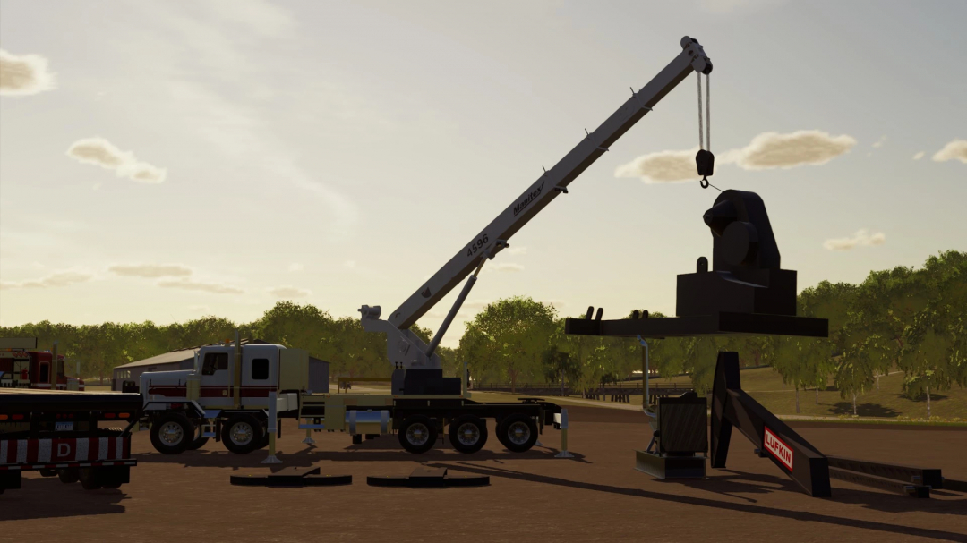 FS22 mod showing a crane assembling a pump jack in Farming Simulator 22.