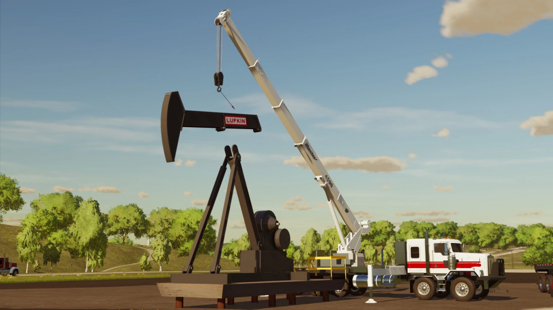 FS22 Buildable Pump Jack mod showing an oil pump with crane and truck in Farming Simulator 22.