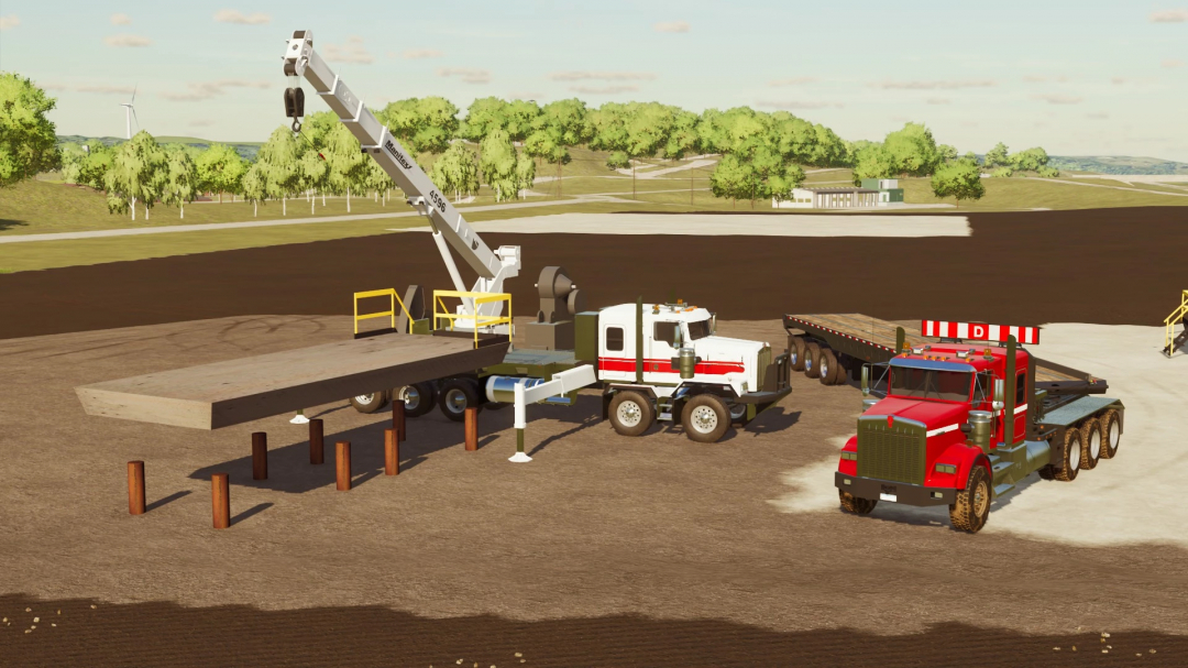 FS22 mod scene with construction vehicles setting up a buildable pump jack platform in Farming Simulator 22.