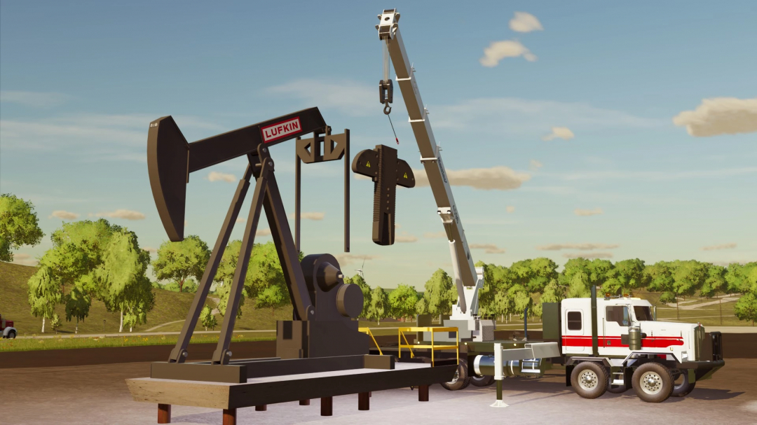 FS22 Buildable Pump Jack mod in Farming Simulator 22 featuring an oil pump installation with a crane truck nearby.