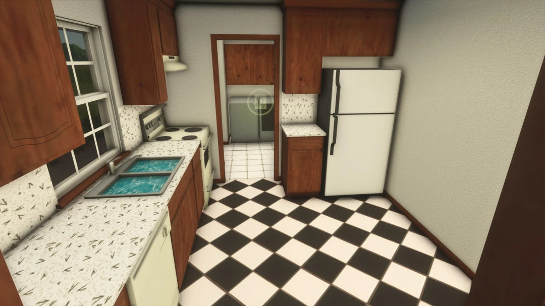 FS25 mod 1970's farm house kitchen with vintage decor, white appliances, and checkered floor.