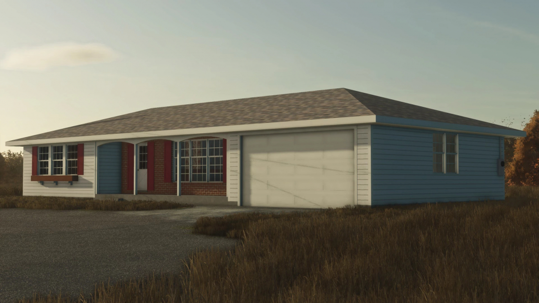 FS25 1970s Farm House mod in Farming Simulator 25, showcasing vintage architecture with a garage.