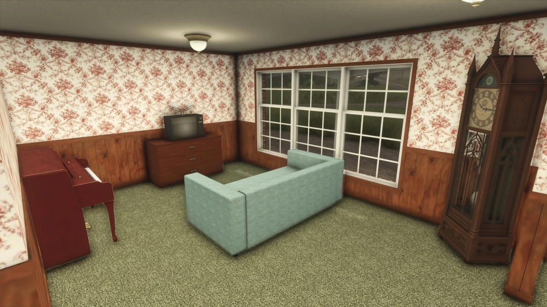 1970s style living room with blue sofa, TV, piano, and grandfather clock, FS25 mod.