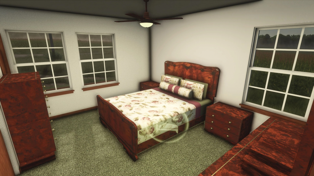 FS25 mods: 1970's farm house bedroom with vintage furniture in Farming Simulator 25.