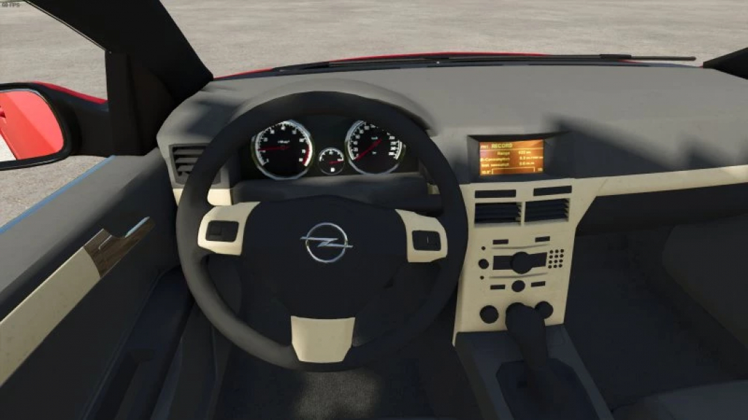 Interior view of FS25 Opel Astra H GTC mod showing steering wheel and dashboard features for Farming Simulator 25.