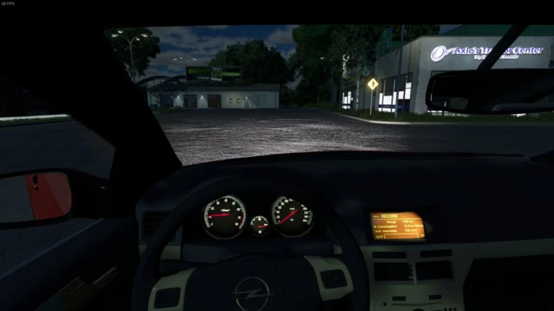 Interior view of FS25 Opel Astra H GTC mod, showing dashboard and nighttime road in Farming Simulator 25.