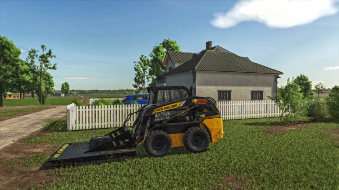 FS25 SkidSteer Mower mod in Farming Simulator 25 near a house in a grassy area.