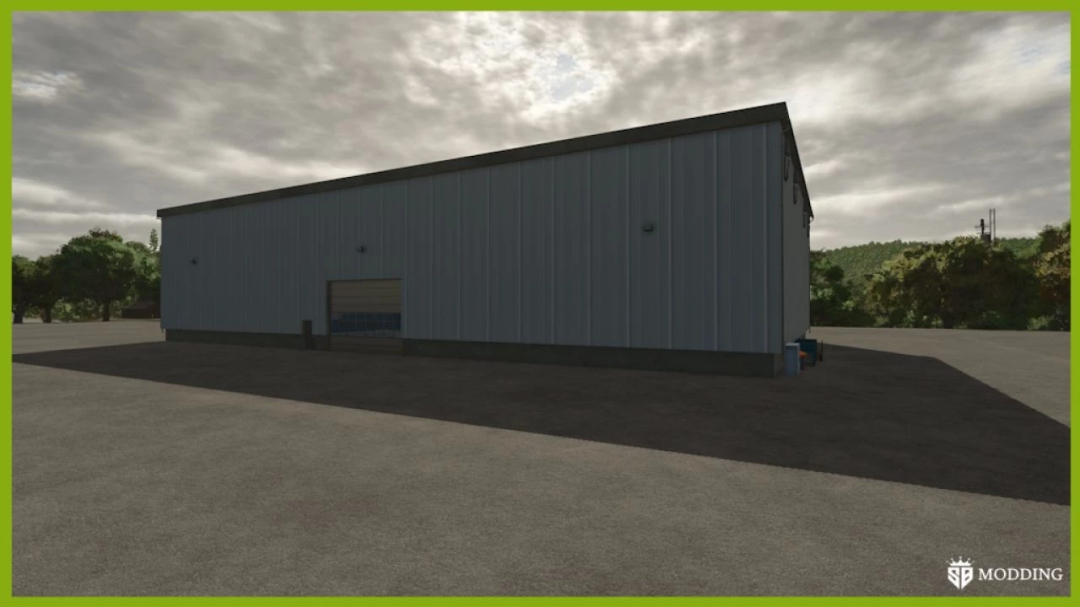 Farm Silo Deluxe v1.0.0.2 mod for FS25 showing a large storage building in a farm setting.