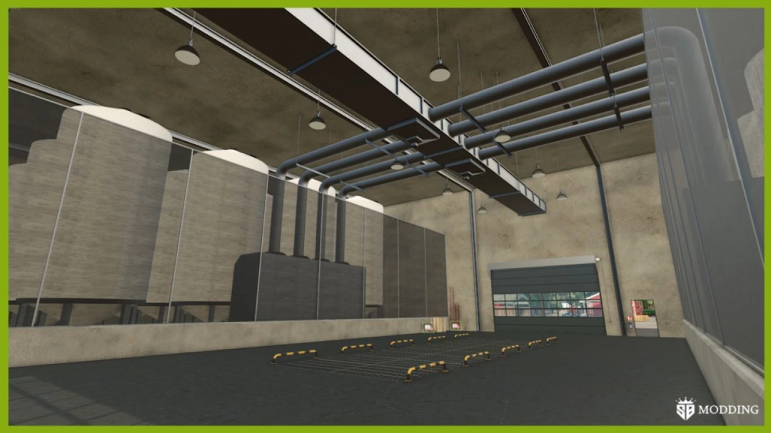 Interior view of Farm Silo Deluxe v1.0.0.2 mod in FS25, showcasing storage space and pipes.