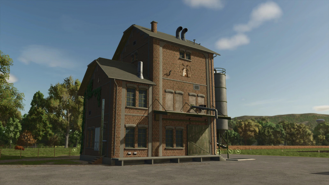 Brick building of Flour Production mod for FS25 with silo and trees in the background.