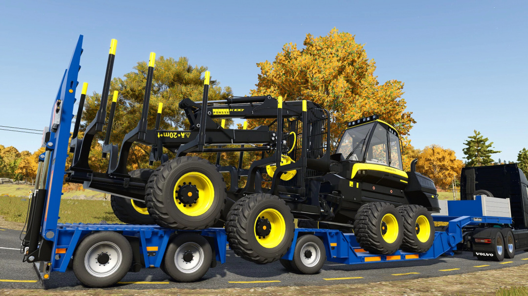 FS25 mods: Goldhofer STZ Special Lowloader v1.0.0.0 transporting heavy machinery on a road in Farming Simulator 25.