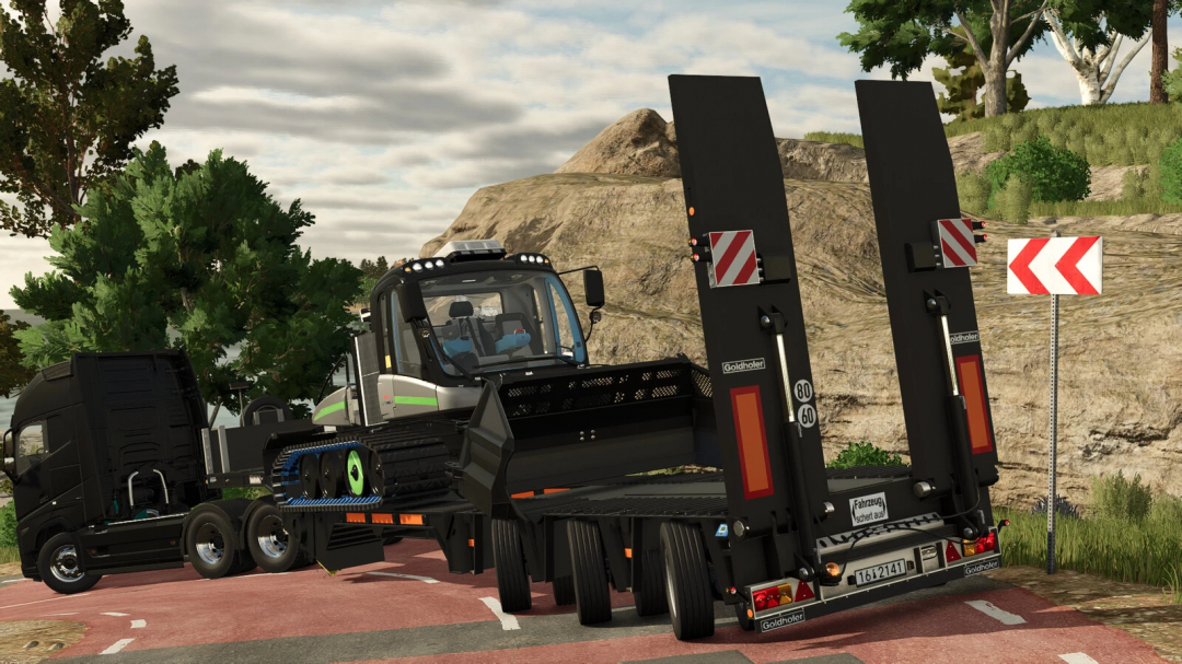 FS25 mod Goldhofer STZ Special Lowloader transporting equipment on a winding road.