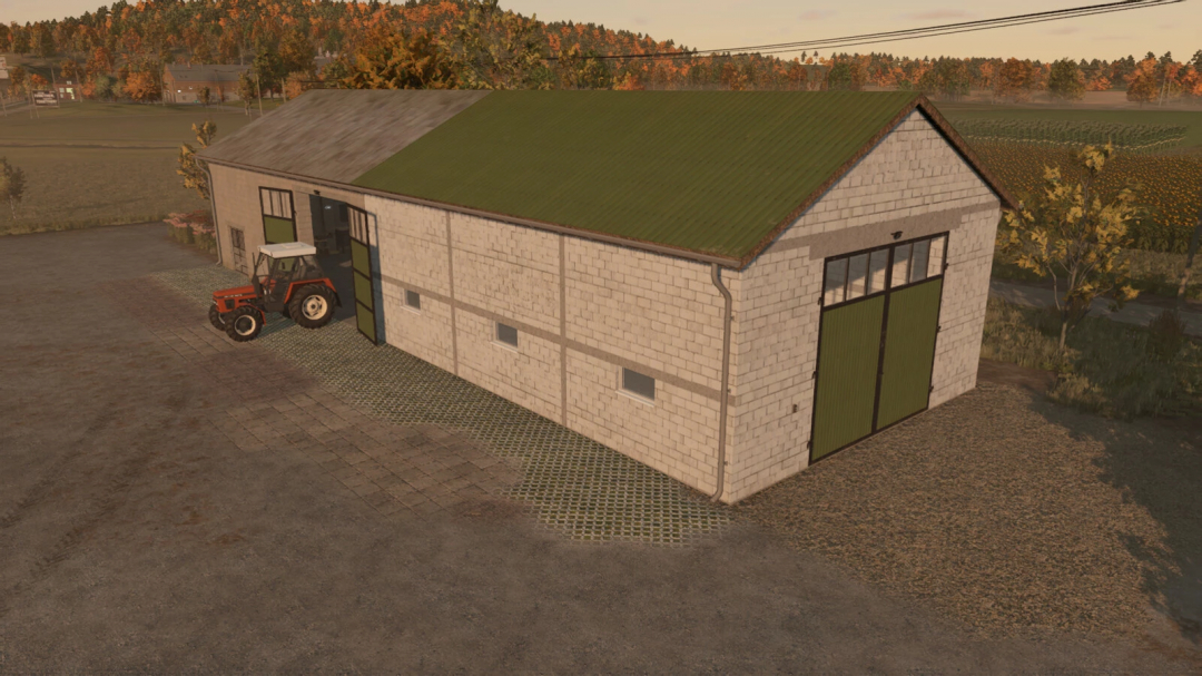 FS25 mod Hall Workshop v1.0.0.0 with a tractor parked outside in a rural landscape.