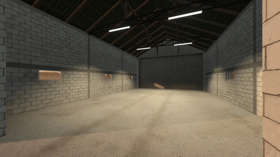 Interior of Hall Workshop mod for FS25, showcasing a spacious, empty brick-walled area with lighting, in Farming Simulator 25.