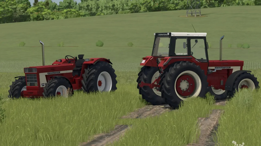 Two red IHC 1046 tractors on grass field in FS25 mod, showcasing farming equipment.