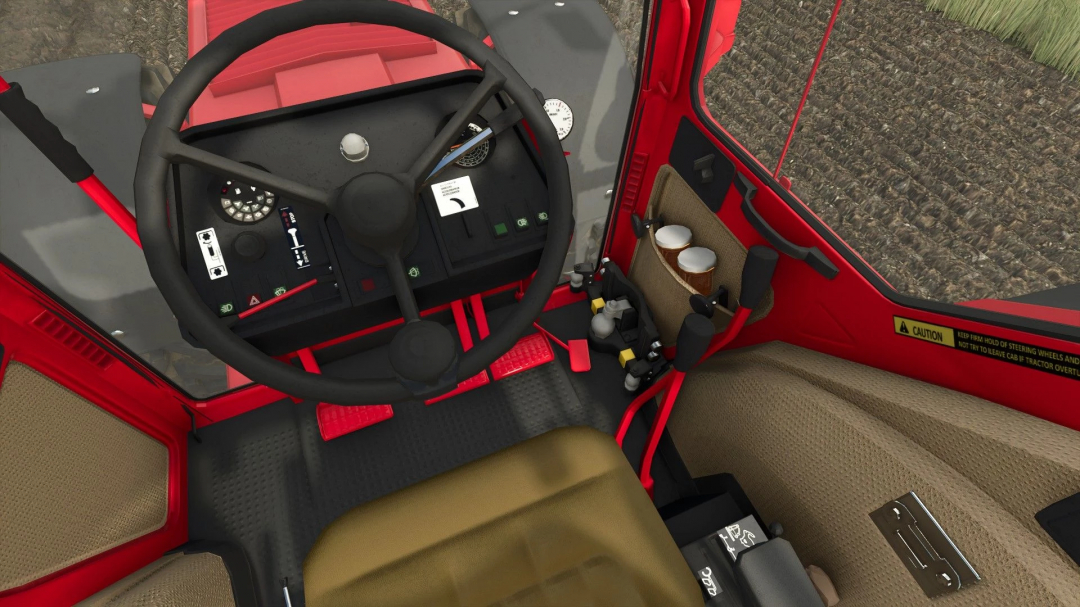 Interior view of the IHC 1255-1455 XL tractor mod for FS25, showcasing the steering wheel, dashboard, and cabin details.