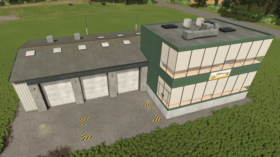 FS25 mods Industrial Bakery v1.0.0.0 featuring a modern building with glass facade and garage doors in Farming Simulator 25.