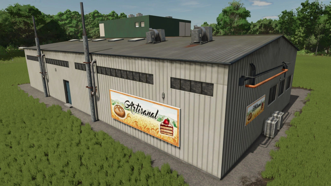 FS25 mod Industrial Bakery v1.0.0.0 showing a large warehouse with artisanal bakery sign.