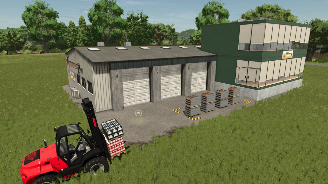 Industrial Bakery mod in FS25 with forklift and pallets outside, in a rural landscape.