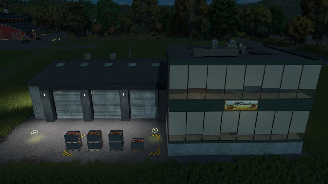 FS25 Industrial Bakery mod v1.0.0.0 showing a nighttime view of a large bakery building with pallets outside.