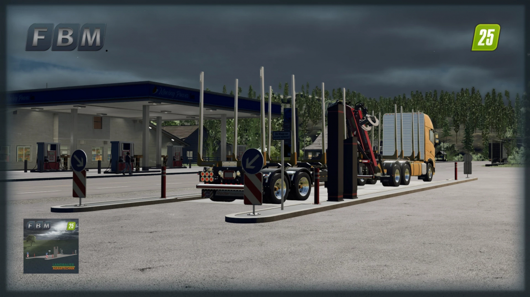 Industrial Weighing Station mod in FS25 with a truck in the foreground and a gas station in the background.