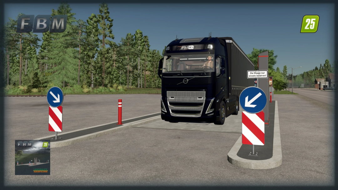 FS25 mod: Industrial Weighing Station with truck, surrounded by road signs and trees.