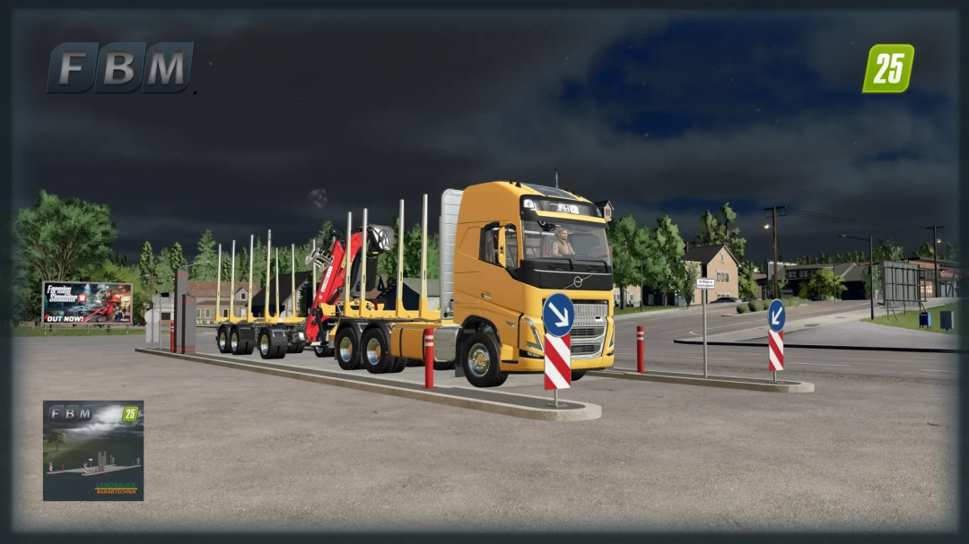 Yellow truck at industrial weighing station in FS25 mod. Night setting with trees and buildings in background. Farming Simulator 25 mods.