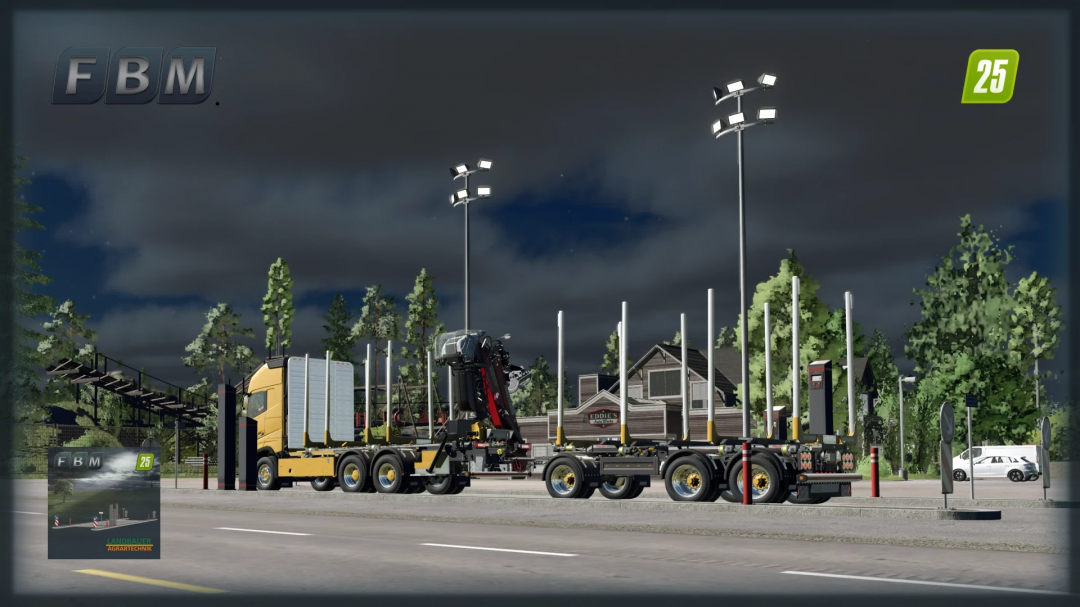 Industrial Weighing Station mod in FS25, featuring a truck trailer under night lighting.