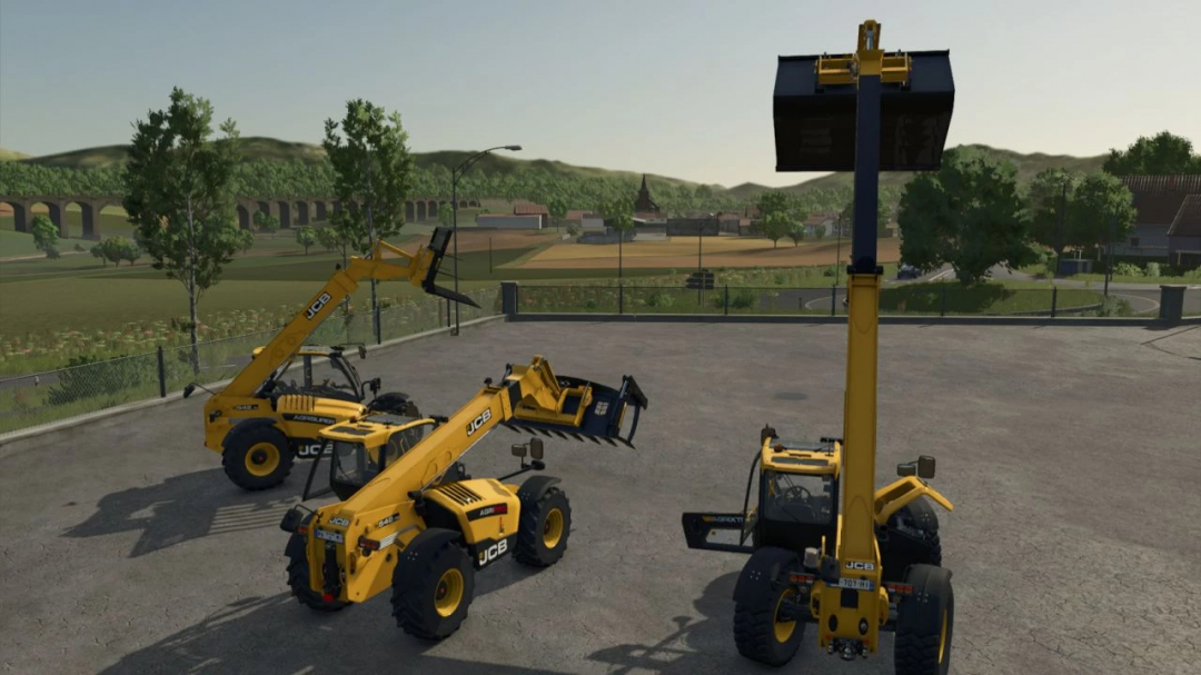 Three JCB 542-70 Agri loaders in FS25 mod showcase, set against a rural farming scene.