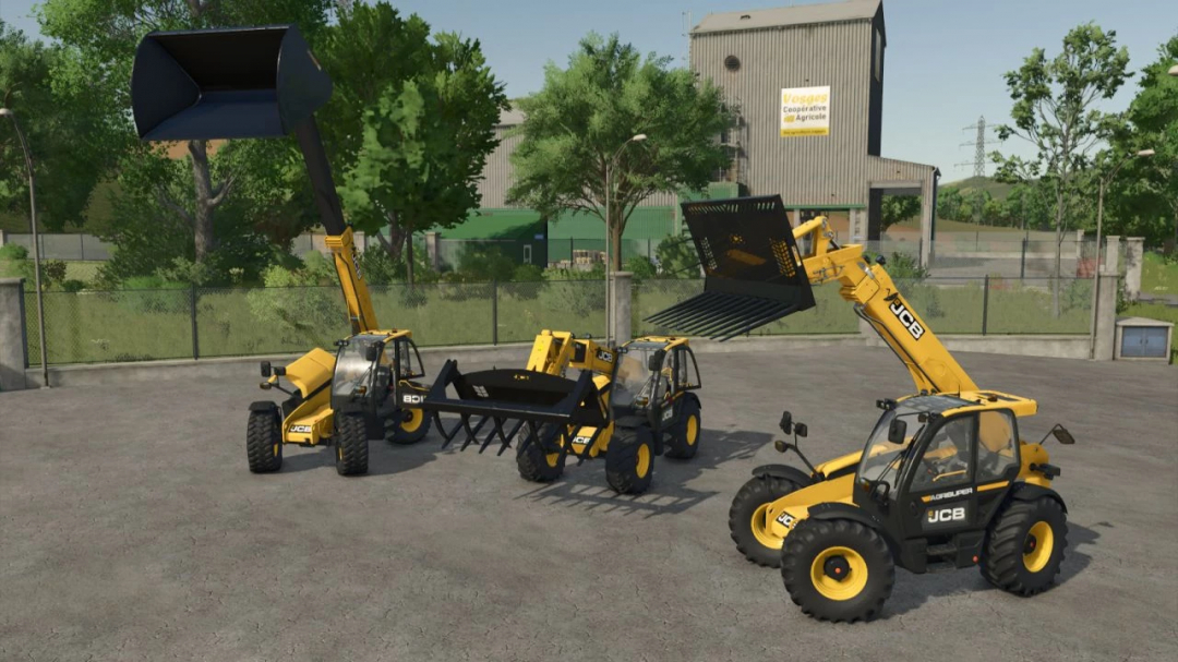 JCB 542-70 Agri telehandlers mod in Farming Simulator 25, featuring various attachments, parked on a concrete area.