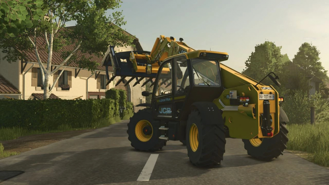 JCB 542-70 Agri mod showcased in Farming Simulator 25. The vehicle is on a rural road with farm buildings in the background.