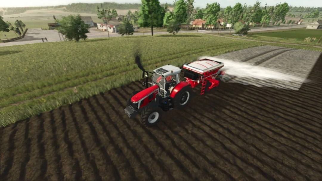 Tractor using Jan Lancer Maximus 12000 mod in FS25, fertilizing a field.