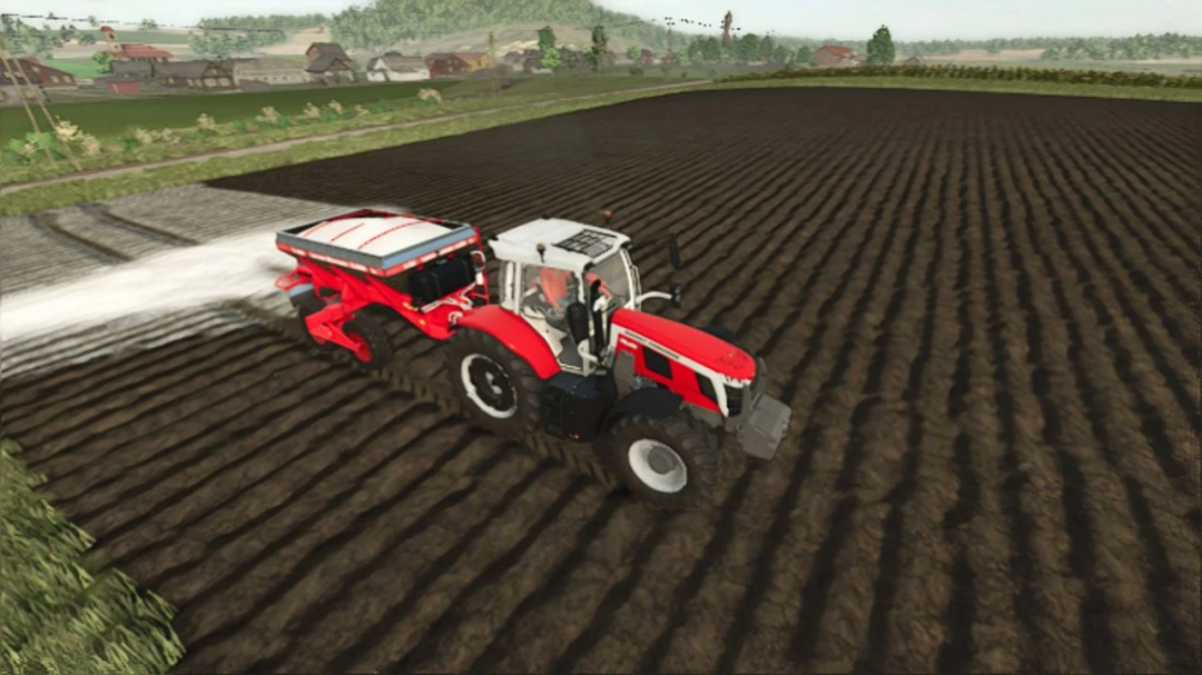 FS25 mod Jan Lancer Maximus 12000 in action, spreading fertilizer on a field.