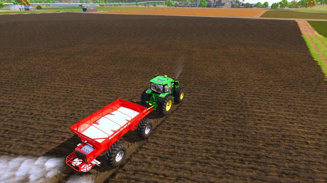 Green tractor using Jan Maximus 20.000 TH mod in FS25 on a plowed field.