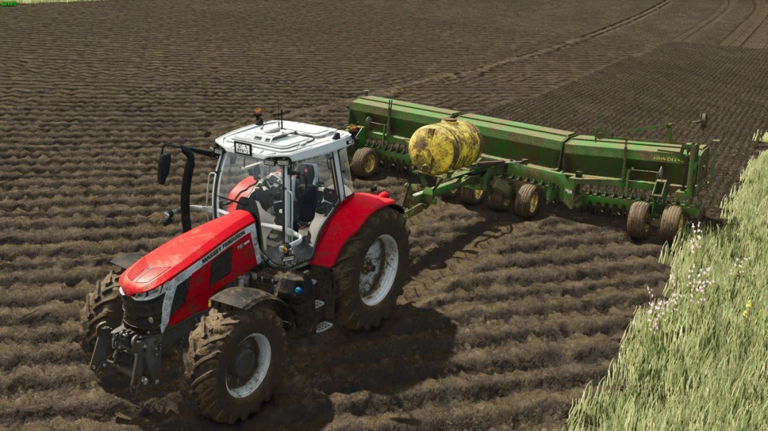 Massey Ferguson tractor using John Deere 455 Box Drill in FS25 mod.