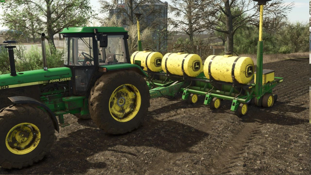 John Deere 7000 mod for FS25 shows a green tractor with yellow tanks attached, set in a realistic farming environment.