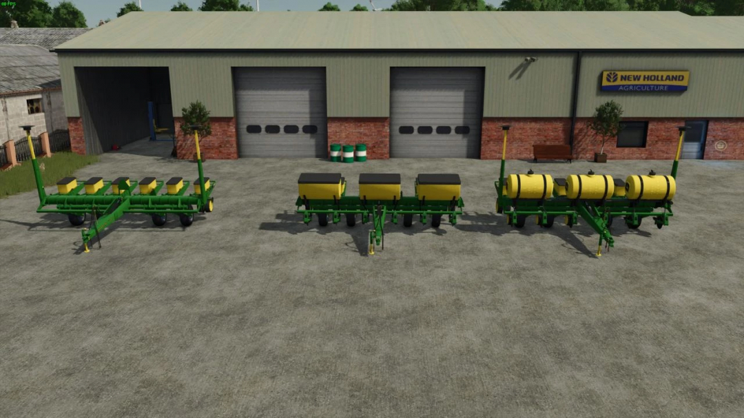 John Deere 7000 planter mod displayed in front of a New Holland barn in Farming Simulator 25.